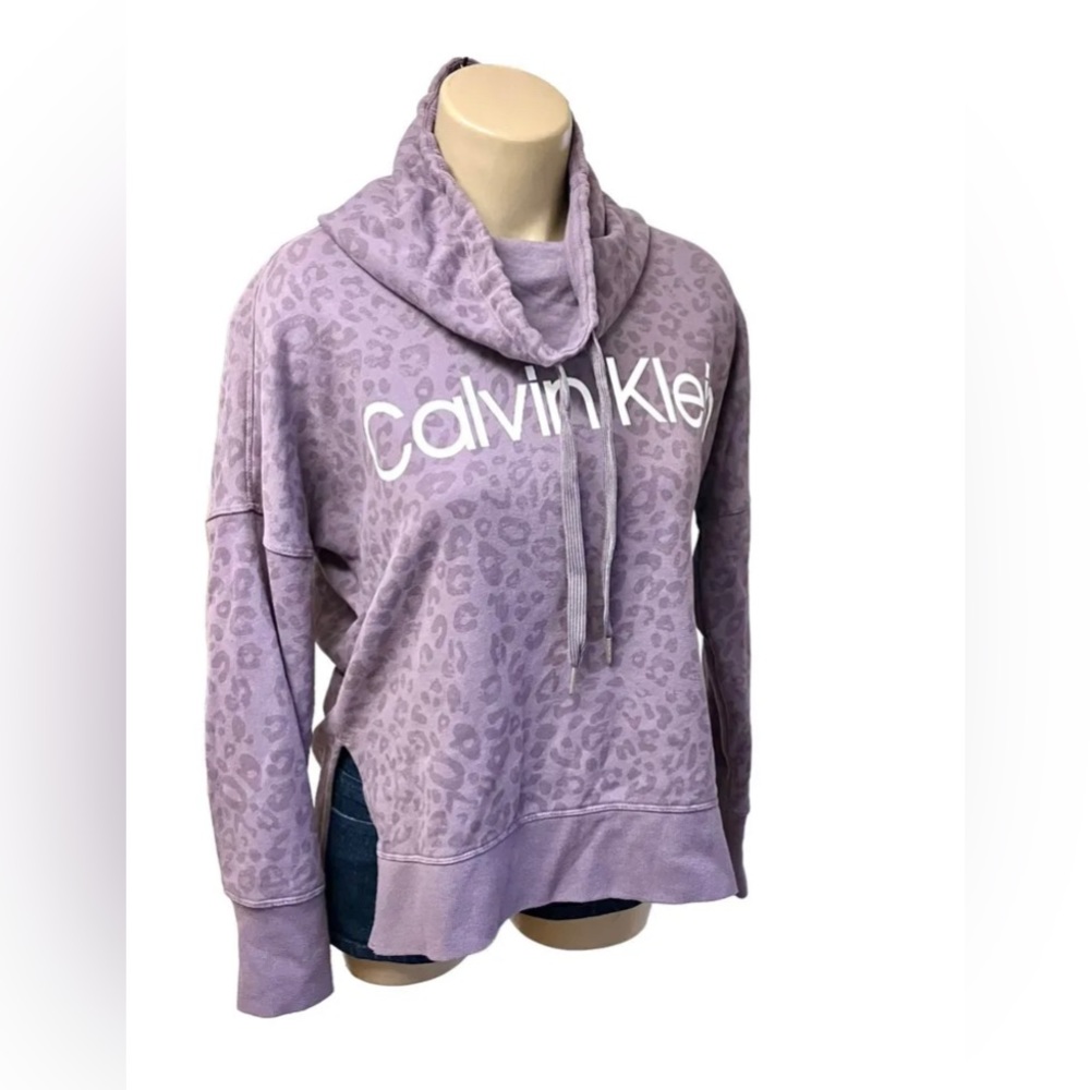 Calvin Klein Pullover Long Sleeve Sweatshirt Purple Leopard Cowl Neck Sz S